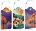 Retro Seaside Village 3 PCS PU Leather Luggage Tags for Suitcase, Sunset Luggage Tag with Privacy Flap, Name ID Label and Metal Loop for Women Men Baggage Handbag School Bag Backpack