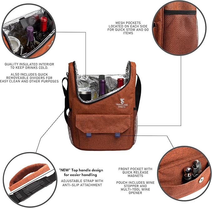 Insulated Wine Carrier | 2-3 Bottle Travel Bag With Stainless Steel Tumblers | Cooler Tote for Travel - Great Gift for Wine Lovers and Enthusiasts