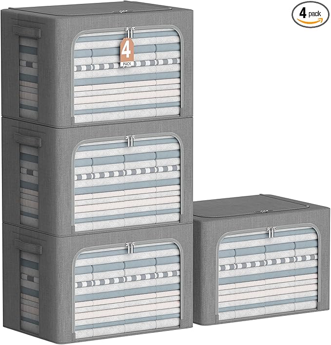 4 Pack Clothes Storage Bins with Metal Frame - Linen Fabric Foldable Stackable Container Organizer Set with Clear Window & Carry Handles & Zippers (Dark Gray, 23.6"x16.5"x15.7")