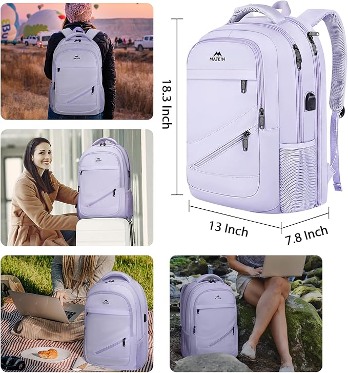 MATEIN College School Backpack for Women, 17 Inch Large College Laptop Bookbag TSA Approved, Anti Theft Multiple Pockets Computer Carry On for Work Travel, Light Purple