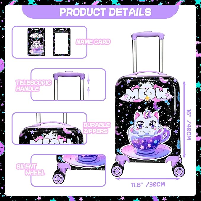 Kid's Luggage Set 5 Piece Suitcase Set 16' Hardside Spinner Wheels Girls Carry On Toddler Travel Rolling Airline Approved