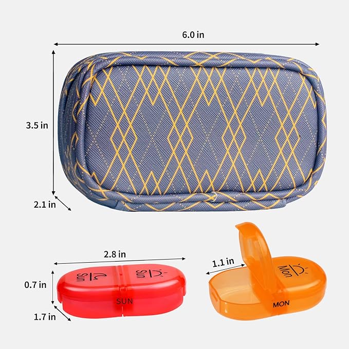 Serfeymi Weekly Travel Pill Organizer 2 Times A Day AM PM Upgraded Rainbow Pill Box 7 Day with Portable Zipper PU Leather Pill Case, Medicine Organizer for Pills, Vitamins, Fish Oils - Lines 01