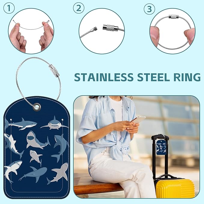 2 Pack Cute Luggage Tag for Suitcases Shark Set Leather Luggage Tags with Stainless Steel Loop Privacy Flap Name Tags,Men and Women Travel Bag Suitcase Tags