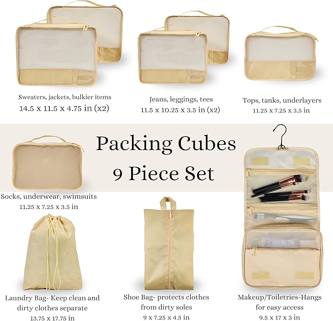 9 Set Packing Cubes - Suitcase Organizer, Cute Packing Cubes, Travel Bags Organizer for Luggage with Hanging Toiletry and Shoe Bag, Travel Essentials for Women, Men and Kids -Gold