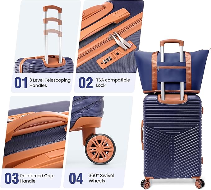 Hoteel 4 Piece Luggage Set (4-YEAR WARRANTY) Carry on ABS+PC Hard Shell Suitcase with Spinner Wheels & TSA Lock (Dark Blue)