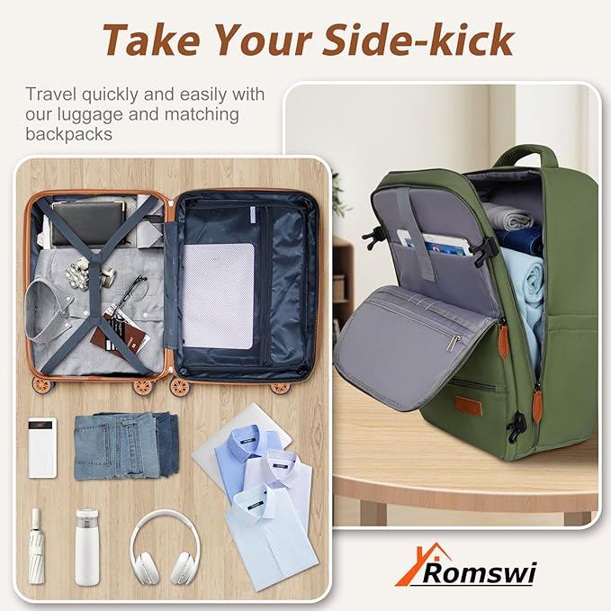 Romswi Luggage Sets 2 Piece22In, Expandable 22x14x9 Carry On Luggage with Travel Backpack, PC+ABS Hardside Suitcase Set with TSA Lock, Durable Carry On Suitcase with Spinner Wheels Green