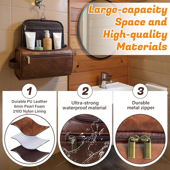 3-in-1 unisex PU toiletry bag: laser engraving & detachable waterproof section. Great personalized gifts (groomsmen, Father's Day, birthdays) — ideal for travel, gym, camping.