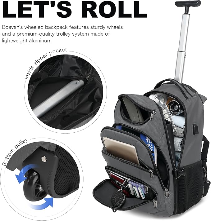 Boavan Rolling Backpack,17 inch Water Resistant Wheeled Backpack,Carry on Luggage Business Bag, Overnight College Computer bag Trolley Suitcase for Men Women Adults to Travel，Grey