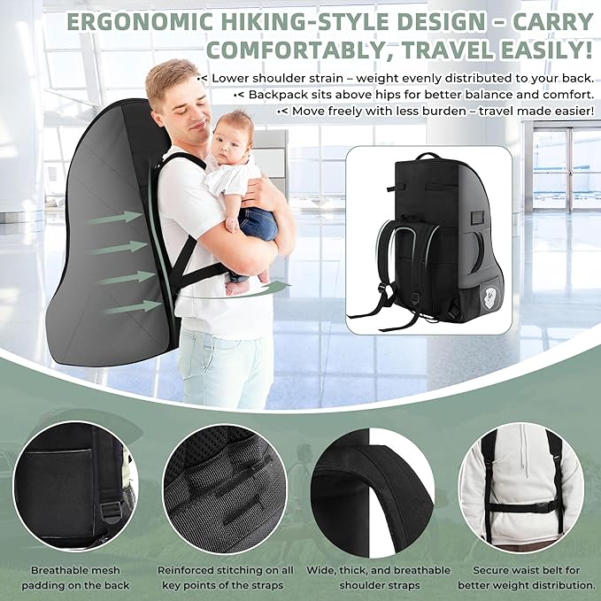 Car Seat Travel Bag for Airplane – Padded Carseat Backpack Carrier for Airport Travel – Fits Convertible & Booster Seats – Waterproof, Durable, Airline Approved – for Parents on the Go