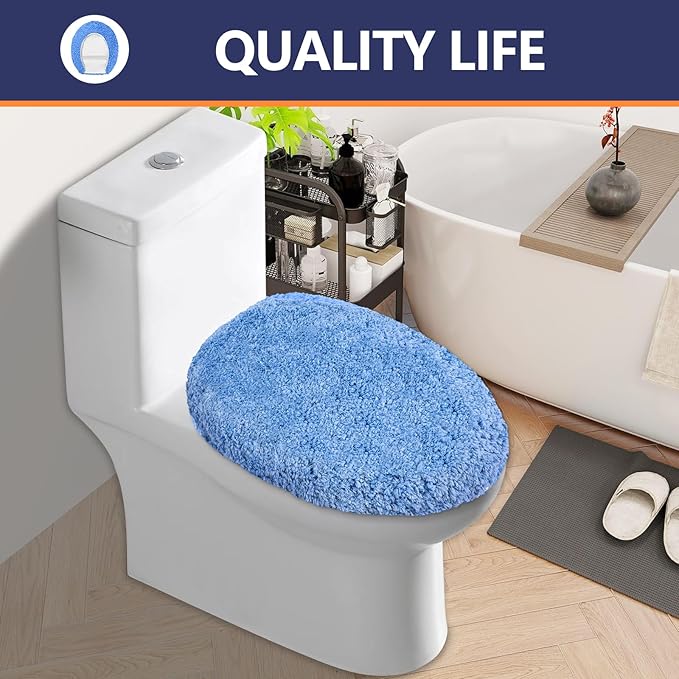 Microfiber Elongated Toilet Seat Cover 19.5"x 15" Machine Washable Solid Toilet Lid Cover Adjustable Rubber Backing Fits Most 18-19.5" L x 14-16" W Elongated Toilet Seat
