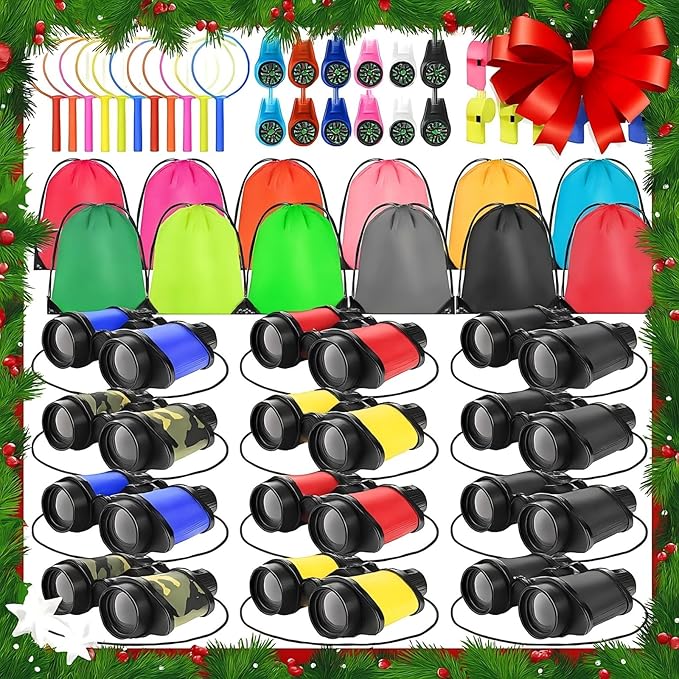 12 Set Binocular Compass Magnifying Glass Set Christmas Birthday Gift Small Telescope Binocular with Whistle Bag for Outdoor Exploring Stocking Stuffer(Cute Color,Funny)
