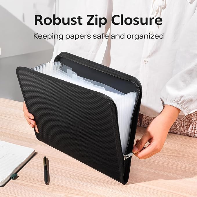 Sooez 13 Pocket Accordion File Organizer, Zipper Expanding File Folder Organizer, Reinforced Plastic Accordion Folder, A4 Letter Size, Portable Folders for Documents, Pink