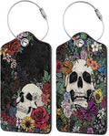 Skull Flowers Luggage Tags,2 Pack Luggage Tag,Leather Privacy Cover ID Label with Stainless Steel Loop for Women Men Kids Girls Travel