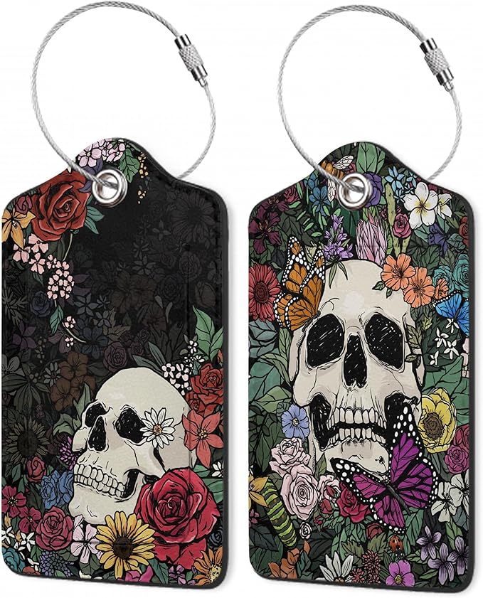 Skull Flowers Luggage Tags,2 Pack Luggage Tag,Leather Privacy Cover ID Label with Stainless Steel Loop for Women Men Kids Girls Travel