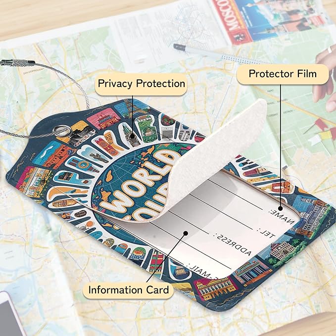 Travel Around The World Luggage Tags for Suitcase,3 Pack Go Travel Flight Views Luggage Tag Leather Privacy Cover ID Label with Stainless Steel Loop for Women Men
