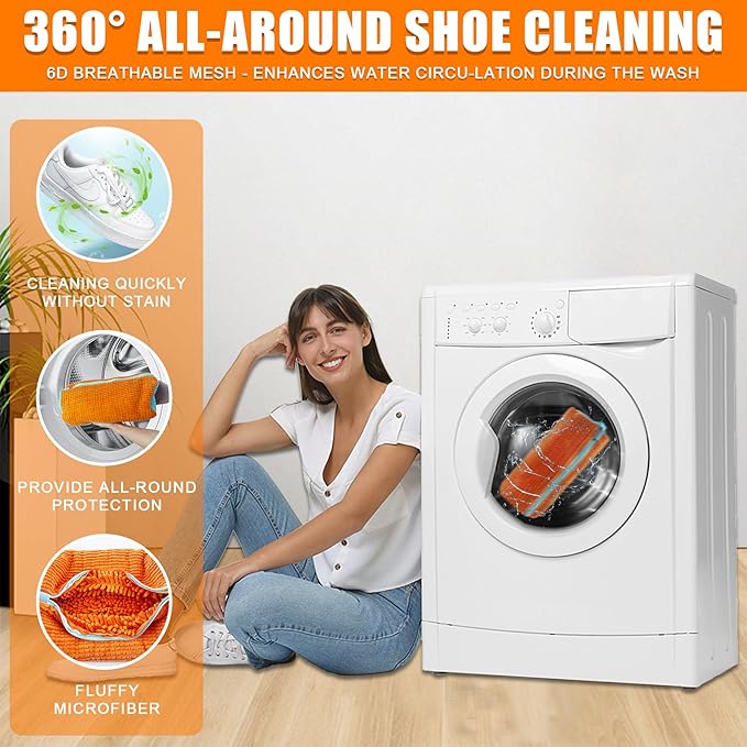 XXL Shoe Washing Machine Bag - 2-Pack Reusable Shoe Cleaning Bags, 360° Deep Clean for Sneakers, Tennis Shoes, and Slippers, Includes 2 Shoe Storage Dust Bags (Orange)