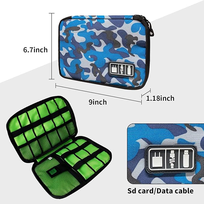 Electronics Travel Organizer,Portable Waterproof Electronic Travel Storage Bag for Small Charging Cord Storage,Charger,SD Card etc,for Travel,Business-Blue Camouflage