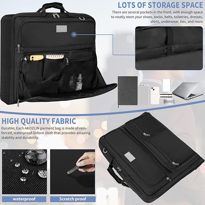 AKOZLIN Travel Luggage Garment Bag Foldable Hanging Suit Bag with Shoulder Strap For Men Women Business Black