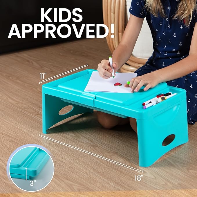 Loddie Doddie Foldable Lap Desk for Kids & Adults - Teal Blue Portable Plastic Table with Storage Pocket & Trays - Bed Desk, Car Tray & Travel Lap Table