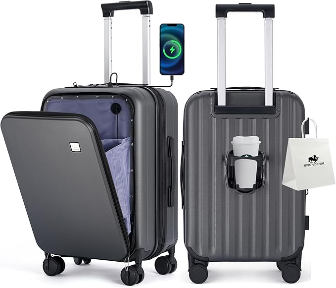 BISON DENIM 20 Inch Carry On Luggage, PC Lightweight Hardside Expandable Carry-On Luggage Airline Approved With Spinner Wheels, Front Compartment, Cup Holde, TSA-approved Lock, USB Port, Dark Grey