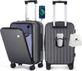 BISON DENIM 20 Inch Carry On Luggage, PC Lightweight Hardside Expandable Carry-On Luggage Airline Approved With Spinner Wheels, Front Compartment, Cup Holde, TSA-approved Lock, USB Port, Dark Grey