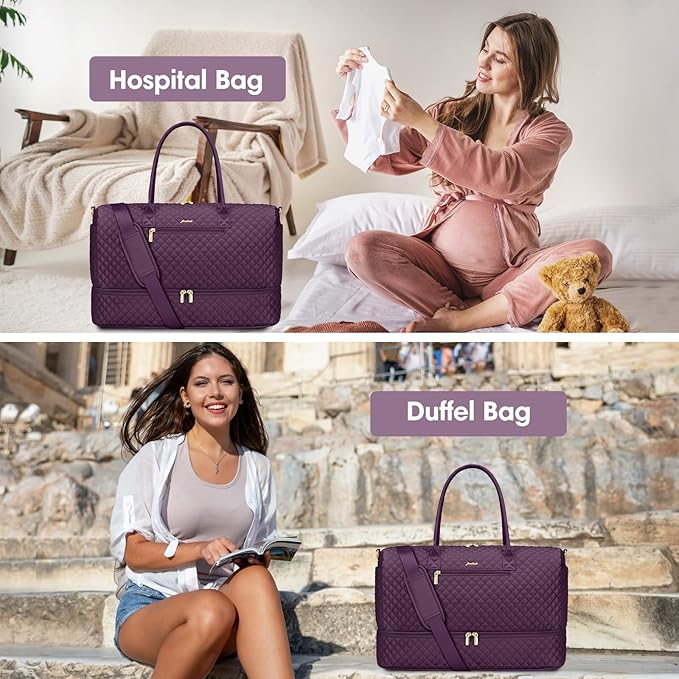 Travel Duffle Weekender Bags for Women - Carry on Overnight with Shoe Compartmen Duffle Bag Hospital Bag Dark Purple