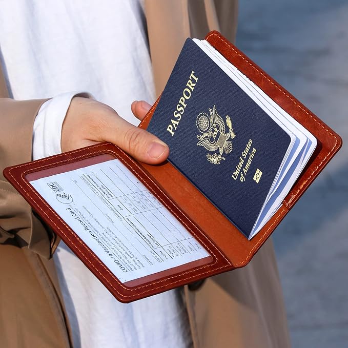 TIGARI Passport Holder for Travel Women Men, PU Leather Passport Wallet Cover Case Sleeve, Waterproof Protected Document Organizer, Family Vacation Plane Cruise Travel Essentials-Brown