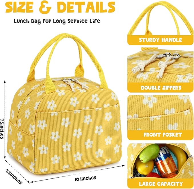 Bluboon Lunch Bag for Women Men Cute Corduroy Lunch Tote Bags Reusable Insulated Lunch Box Large Capacity Reusable Insulated Cooler for Work Picnic or Travel