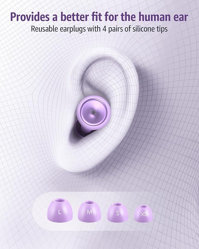 Ear Plugs for Sleeping Noise Cancelling Earbuds:45db Loop Earplugs for Concerts/Shooting/Travel/Snoring Silicone Hearing Protection Sleep Ear Plugs with Reusable 8 Ear Tips （Purple）