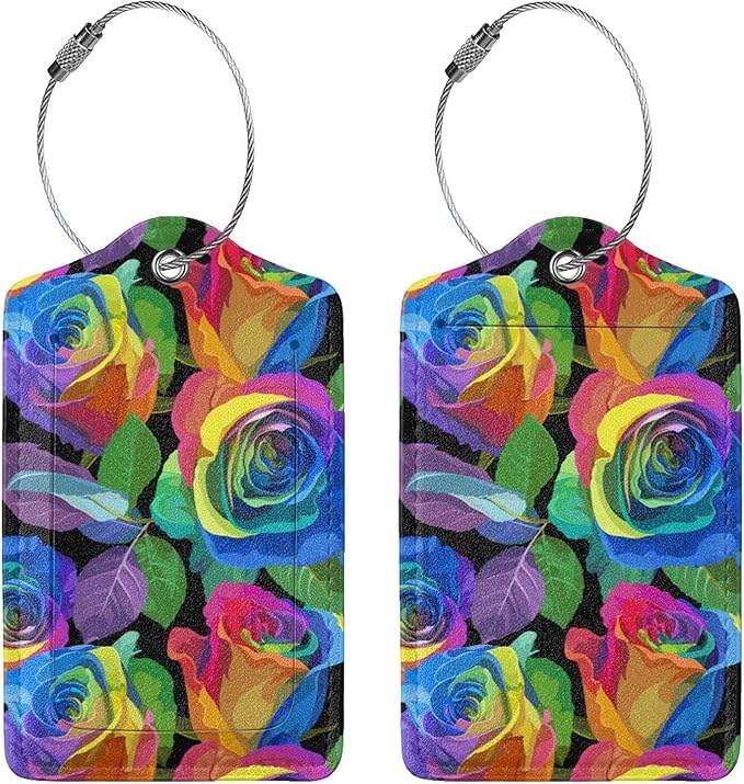 Rainbow Rose Flowers Luggage Tag for Women Girls, Sport Suitcase Tag Leather Travel Baggage Identifiers Tags with Full Back Privacy Name ID Card Set of 2