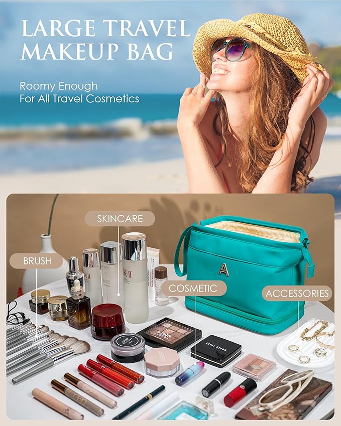 Gifts for Females, Birthday Gift for Her, Makeup Bags, Waterproof Double Layer Cosmetic Bag, Large Capacity PU Leather Makeup Bags Letter Travel Toiletry Bag, Initial Gifts for Coworkers