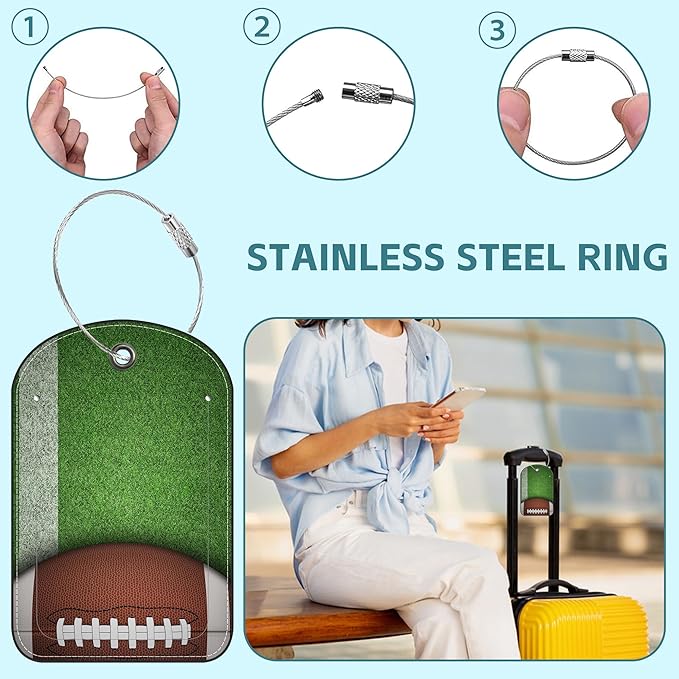 American Football Luggage Tag for Suitcase Set of 2 PU Leather Cute Luggage Tags with Stainless Metal Loop ID Label Privacy Flap Suitcase Tags for Women and Men Travel