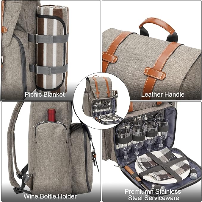 Picnic Backpack for 4 Person with Large Insulated Cooler Bag, Picnic Basket Set with Wine Pouch,Waterproof Picnic Blanket & Cutlery Set. Perfect for Beach, Camping, Party,Wedding Gift for Couple,Brush