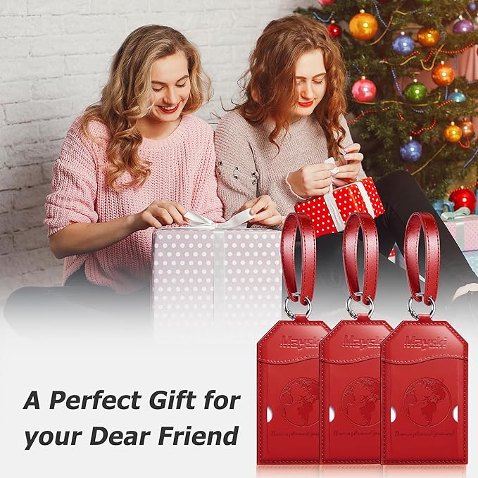 Mayski Luggage Tags for Suitcases 3 Pack Suitcase Bag Tags, TSA Approved, Metal Buckle, Bag Tags with Name ID Card Travel Essentials, Red Global