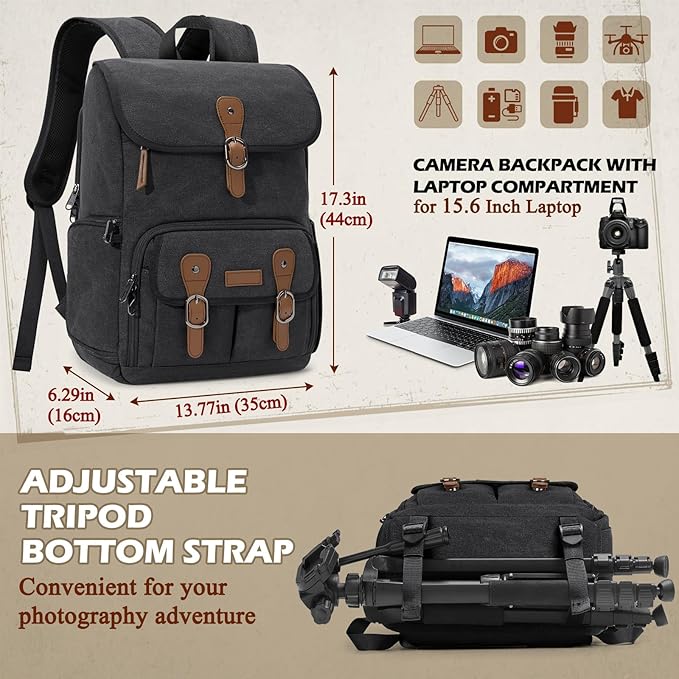RAINSMORE Camera Bag Backpack for DSLR/SLR Mirrorless 15.6 Inch Laptop Camera Back Pack for Photographers Anti-Theft Photography Bags Case with Tripod Holder & Rain Cover, Black