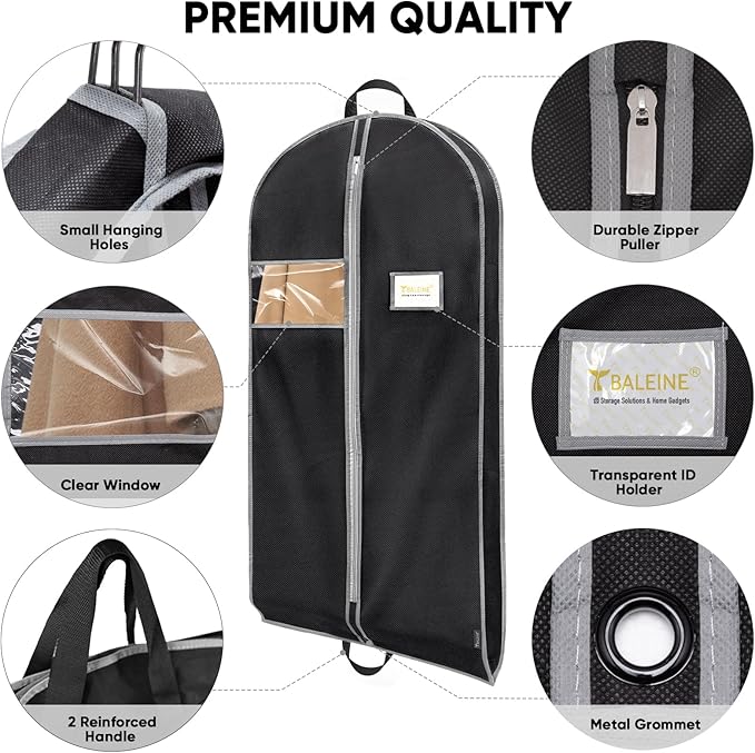 BALEINE 5PK Heavy Duty Garment Bag with Shoe Storage Travel Bag for Dresses, Suit, Coats Travel Essential (43", Black)