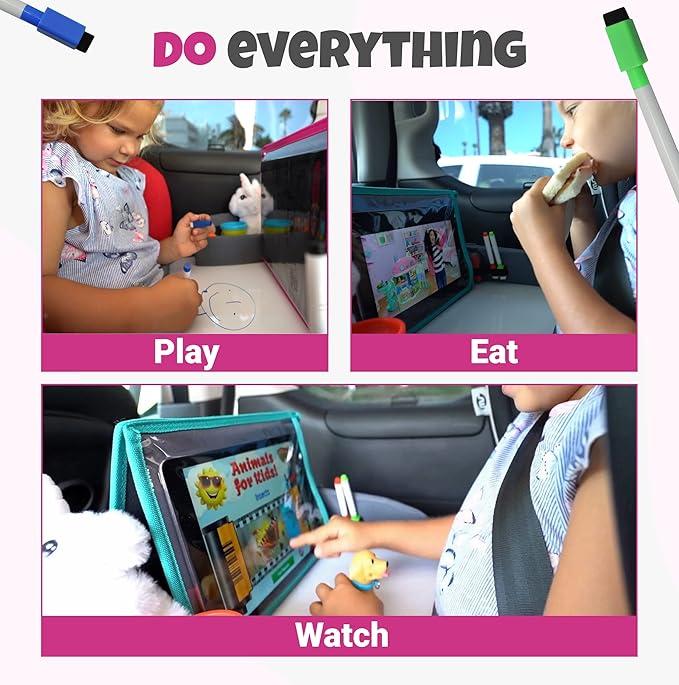 Kids Travel Tray with Dry Erase Board - Car Seat Tray for Kids Travel, Carseat Table Top for Toddler, Lap Desk for Car Seat, Activity Organizer & Snack Holder, Road Trip Essentials for Kid (Pink)