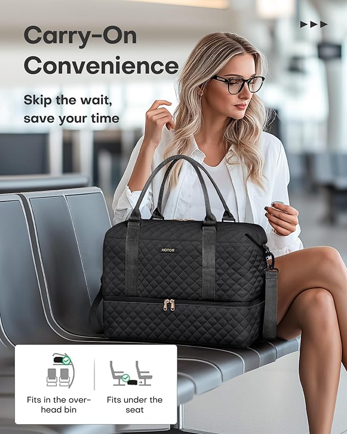 HOTOR Travel Duffel Bag - Weekender Bags for Women, Carry On Overnight Bag with Shoe Compartment, with Toiletry Bag for Travel Essentials and Travel Accessories, Black, 13.4"×17.3"×7.9"