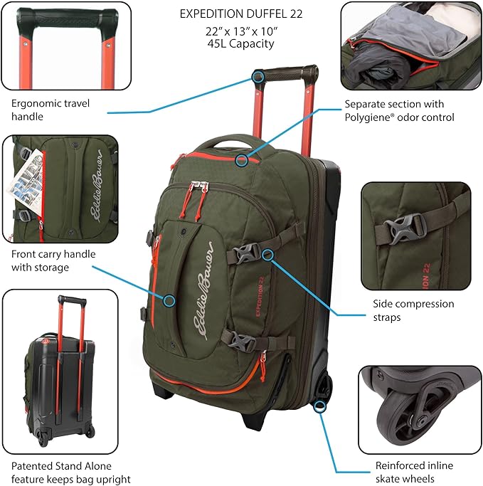 Eddie Bauer Expedition Rolling Duffel Bag with Wheels | Travel | Carry-On | Luggage | Rugged | Durable - Rust, 22"