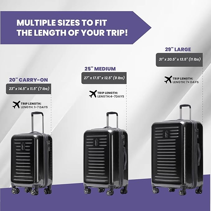 Spyder Rails 25 Inch Expandable Hardside Upright Suitcase with 360° Spinner Wheels, TSA Approved Lock, Black