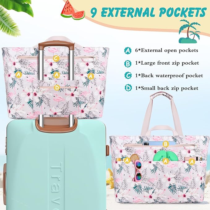 Extra Large Beach Bags for Women, Waterproof Sandproof Beach Tote Bag Zipper Foldable Swim Pool Bag with Wet Pocket