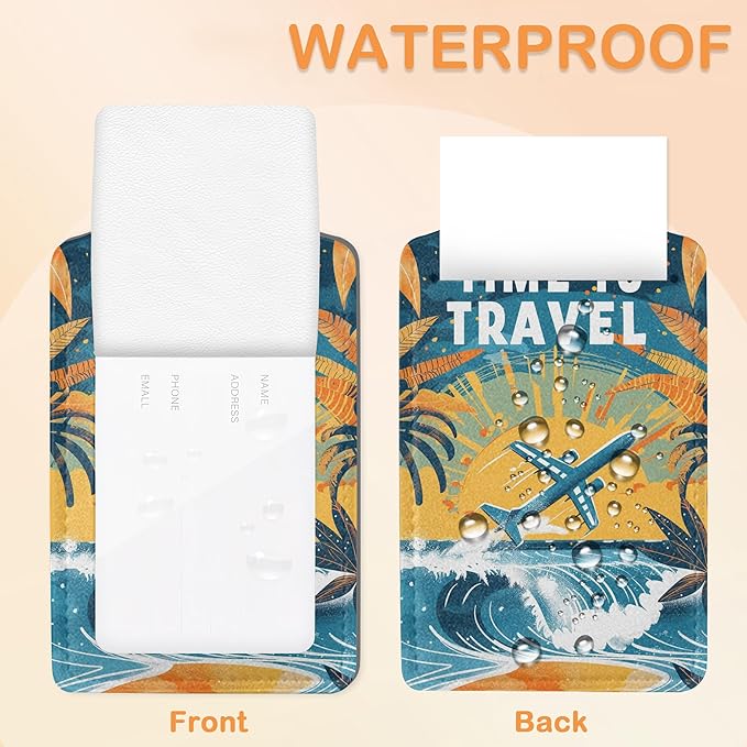 Vintage Airplane Beach Travel 3 Pack Luggage Tags for Suitcases, Tropical Sunset Flight PU Leather Luggage Tag for Travel, Bag Tags with Privacy Name ID Card and Steel Loop for Women Men