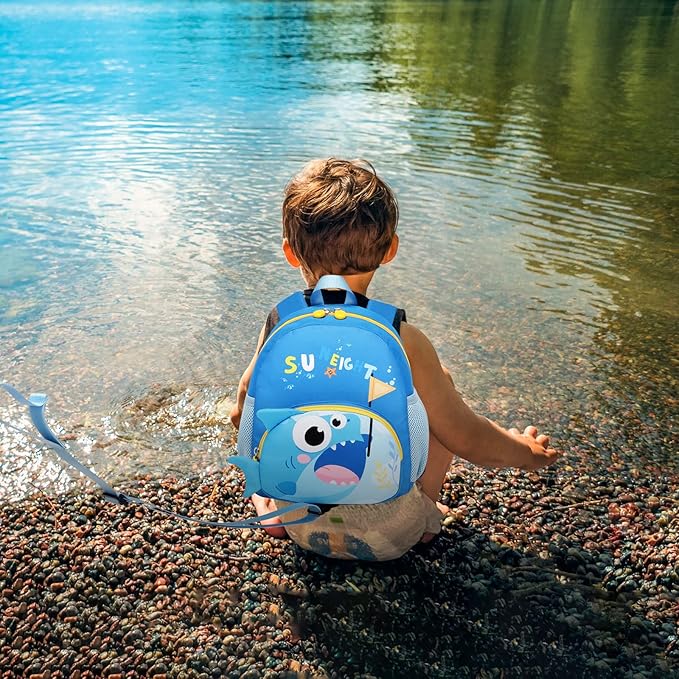 SUN EIGHT Toddler Backpack for Boys 2-4 Small Cute Dinosaur Backpack with Kids Leash,3D Cartoon Preschool Kindergarten Bookbag for Pre-k (Shark)