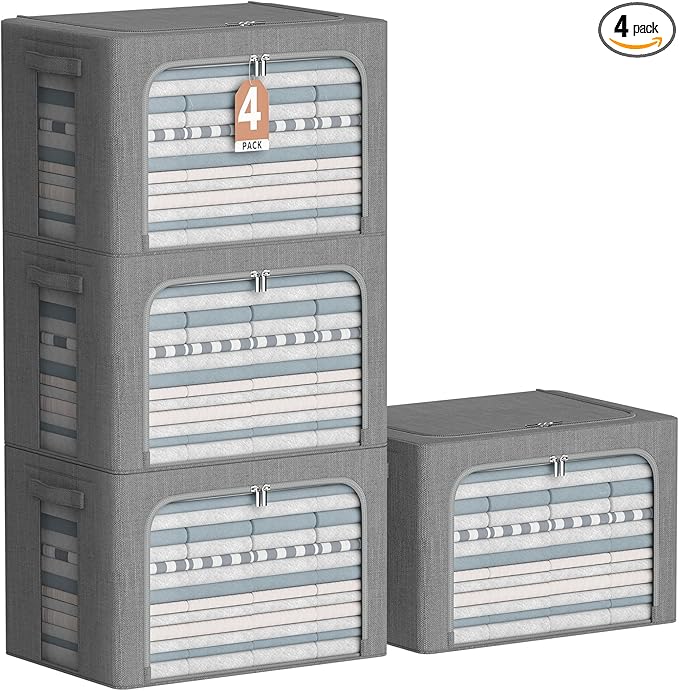CYhom 4 Pack Clothes Storage Bins with Metal Frame - Linen Fabric Foldable Stackable Container Organizer Set with Clear Window & Carry Handles & Zippers (Dark Gray, 19.7"x15.7"x13")