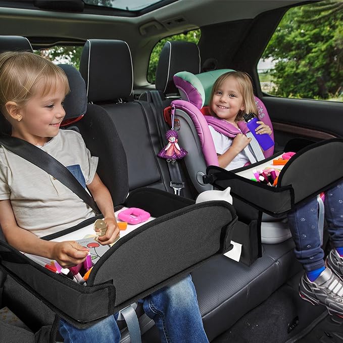 2Pcs ‎Kids Travel Tray, Kids Travel Trays for Car Seat, Road Trip Essentials for Toddler, Carseat Lap Tray with Dry Erase Board & Storage Organizer for Road Trip Activities for Kid, Black