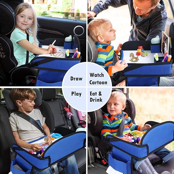 Kids Travel Tray for Car Seat, Toddler Road Trip Essentials With Drawing Kit, Travel Activities Must Haves (Navy Blue-2PCS)