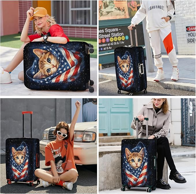 ANNA QUEEN Cute Patriotic Cat Luggage Cover, American Flag Suitcase Protector, Stretchable, Washable Travel Cover for 28-30 Inch Luggage