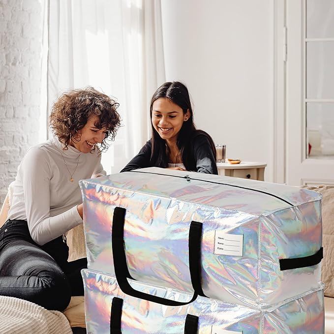 2 Pack Heavy Duty Moving Bags Extra Large Waterproof Foldable Clothing Storage Totes Bags with Zipper, Reinforced Handles, Packing Moving Boxes for Dorm & Seasonal Storage, Iridescent