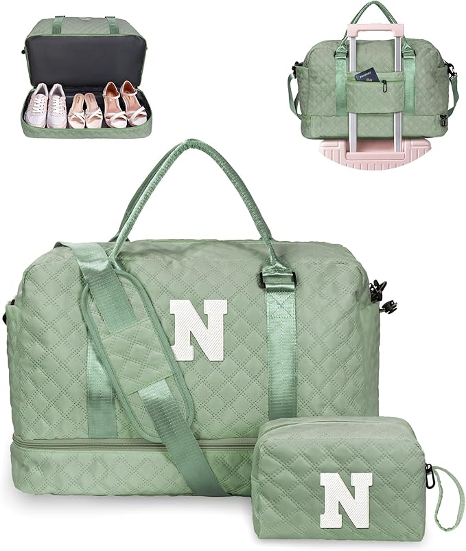 Gifts for Teacher -Initial Travel Bag with Shoe Compartment, Girls Weekender Bag, Monogram Overnight Bag for Women, Letter Travel Bag with Makeup Bag, Daughter Gift from Mom (Letter N)