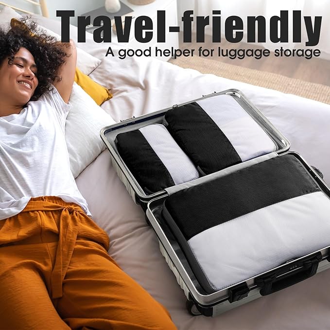 6 Set Compression Packing Cubes for Travel, Bonus Versatile Drawstring Backpack, Lightweight Luggage Organizer Bags, Sturdy Travel Accessories for Suitcase, Black